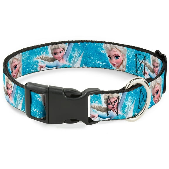 Disney Pet Collar, Dog Collar Plastic Buckle, Frozen Elsa Face Action Pose Snowflakes Blues White, 7 to 8.5 Inches 0.5 Inch Wide