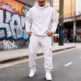 thumbnail image 2 of Men's Classic Casual Outdoor Sports Trendy Set with Fleece Solid Color Hoodie and Elastic Waist Cargo Joggers for Active Lifestyle and Utility,White,L, 2 of 8
