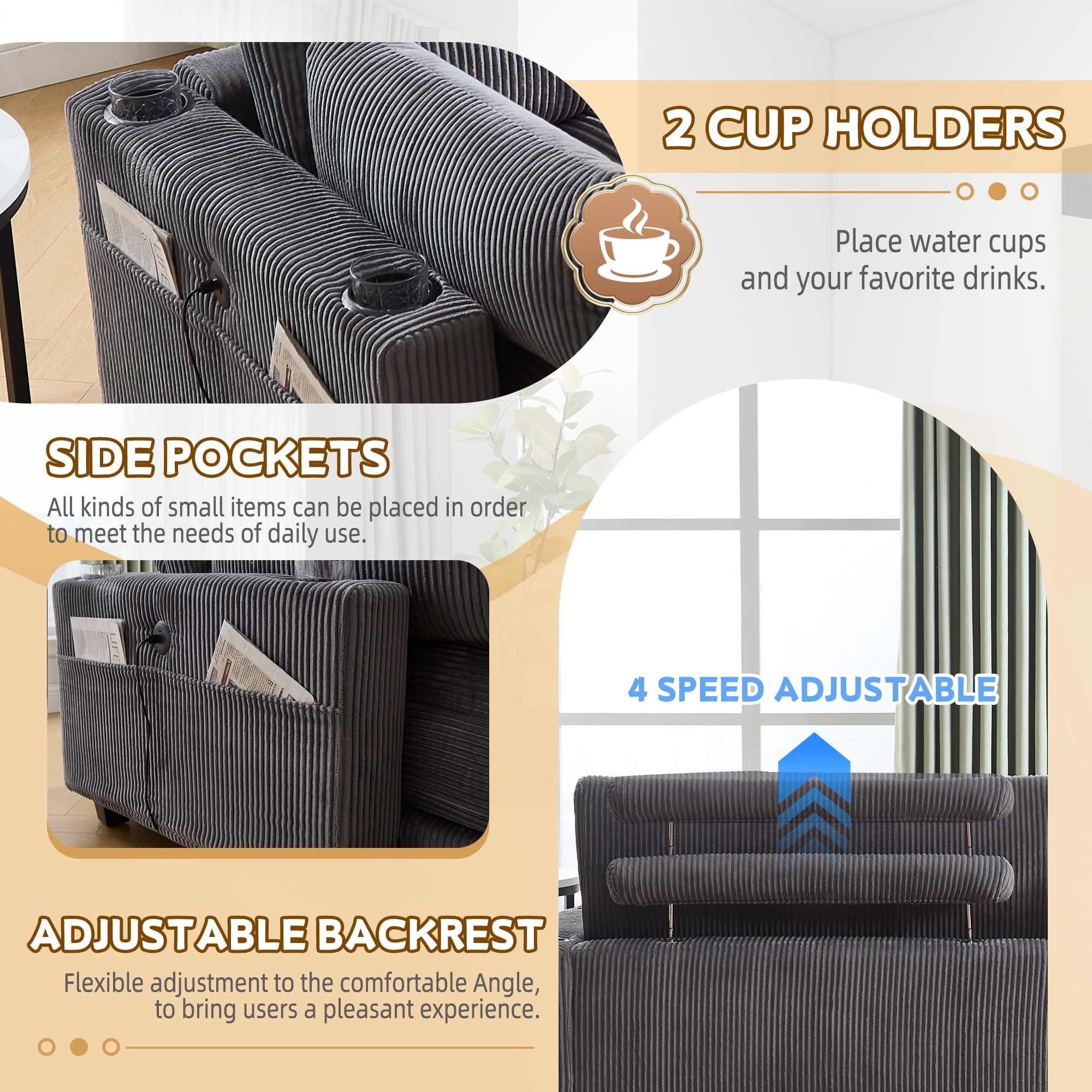 MOONMISS Corduroy Upholstered Soft Deep Seat Sofa with USB,Type-C&2 Cup Holders-Gray