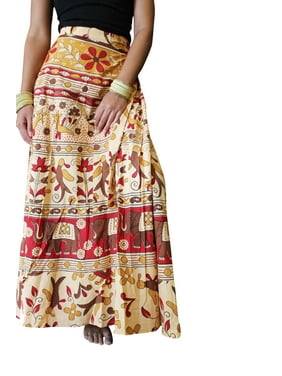 Mogul Women Wrap Skirts, Red Yellow Animal Printed Boho Wrap Round Skirts, Summer Fashion Maxi Skirts OneSize