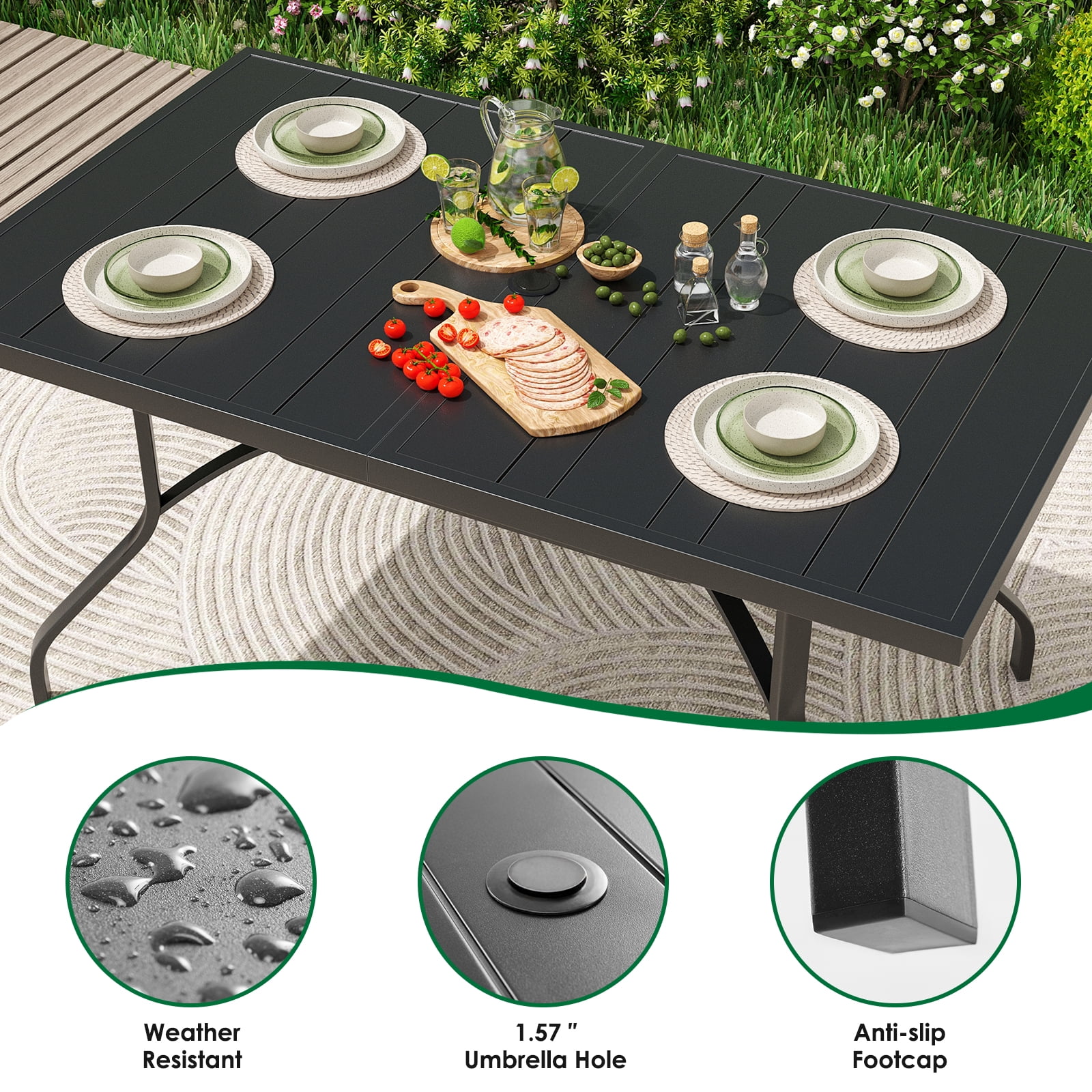 MAYEERTY 7-Piece Patio Dining Set:1 Black Rectangular Table with 1.57" Umbrella Hole & 6 Gray Paded Swivel Textilene Chairs