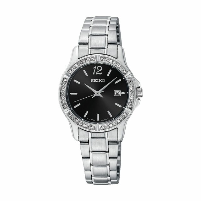 Reloj de cuarzo Seiko SUR657 Prime para mujer esfera negra bisel cristal acero inoxidable