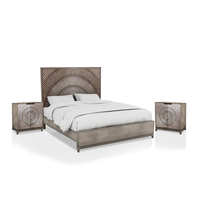 FOA Meriah 3pc Antique Gray Wood Bedroom Set King + 2 Nightstands
