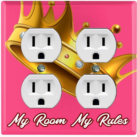 Metal Light Switch Plate Outlet Cover (My Room My Rules Crown Pink Tilted - Double Duplex)