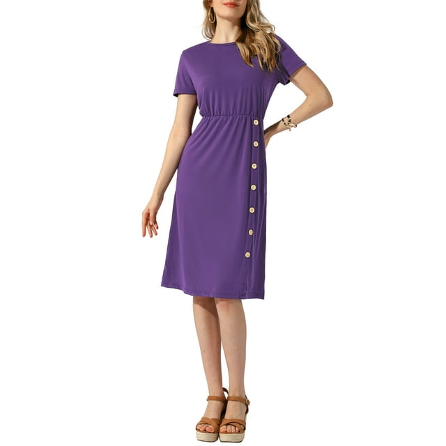 INSPIRE CHIC Robe à Col Ras du Cou pour Femme à Manches Courtes, Robe Midi Décontractée de Mariage, Violet, P