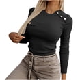 thumbnail image 2 of Honeeladyy Women's Fashion Casual Solid Color Long Sleeve Round -Neck T-shirt Sat Buttons Blouse Casual Tops for Beach Hawaiian (Black,M), 2 of 5