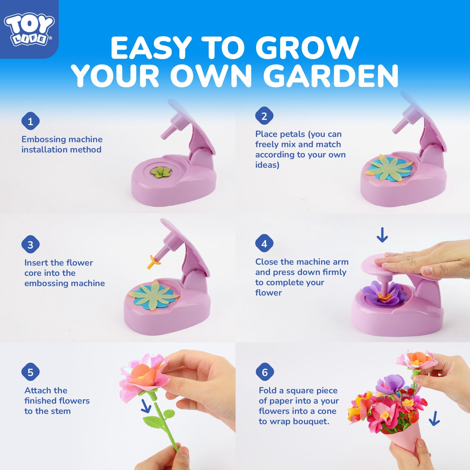 Toy Life DIY Flower Maker for Kids - Fabric Flower Bouquet Craft Kit for Girls 5-8 - Arts and Crafts Kits for 7 Year Old Girls - Flower Making Toy - Birthday Gift for 6 8 Year Old Girls