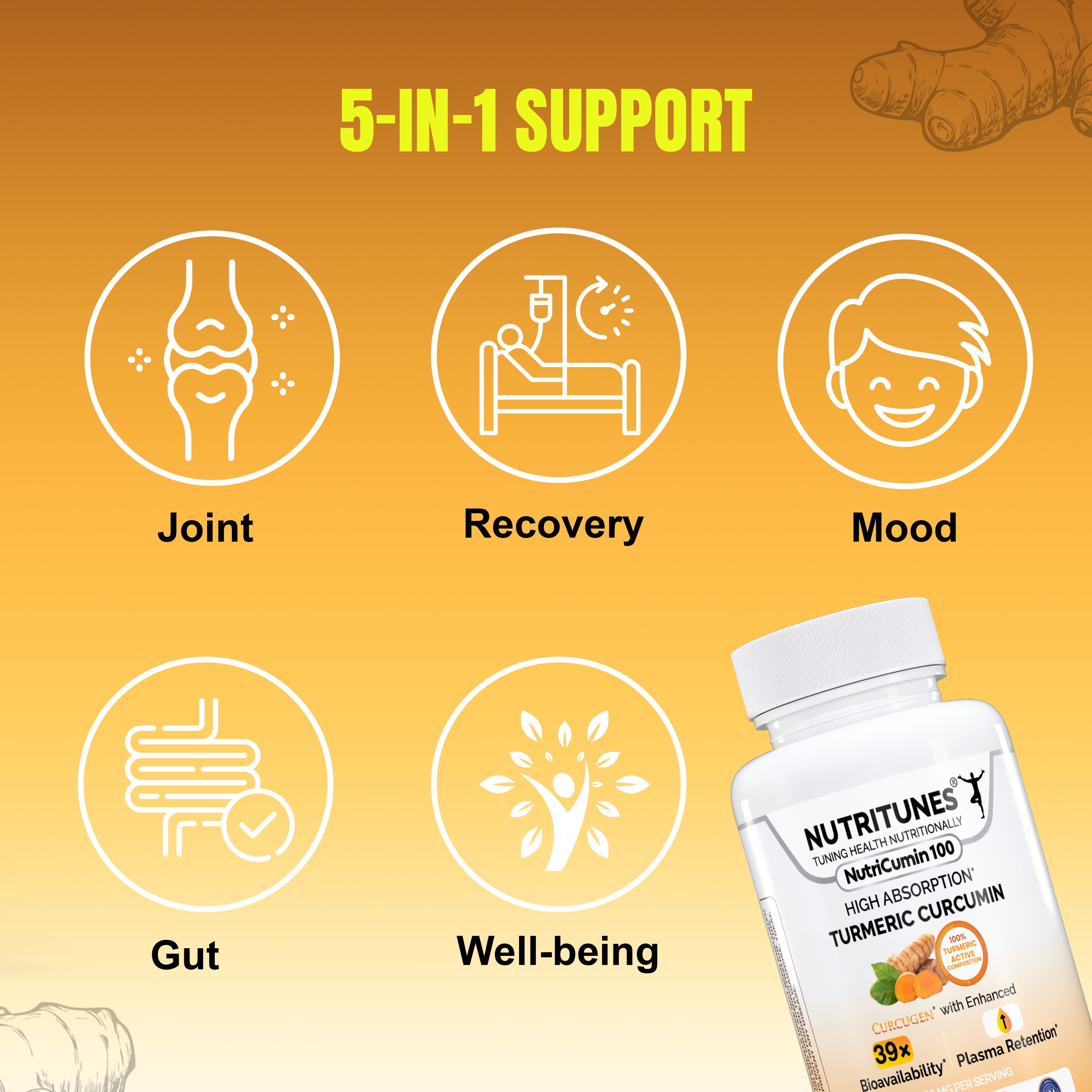Turmeric Curcumin Supplement for Joint, Gut & Mood Support–39X Absorption – 100% Turmeric Matrix – Vegan, Non-GMO, Clean Label – 500mg – 30 NutriCumin 100 Capsules