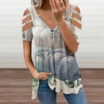 thumbnail image 2 of Watercolor Pumpkins White Blue Womens Summer V Neck Zipper Top Short Sleeve T Shirt Off Shoulder Top Casual Classy Loose Shirts, 2 of 7