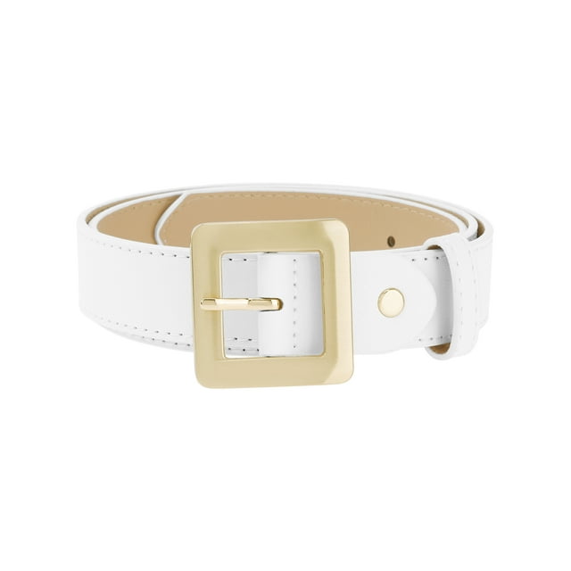 Cinturones de Hebilla Cuadrada Dorada INSPIRE CHIC para Mujeres, Banda de Cuero Sintético de 1.1" de Ancho para Vestidos y Jeans 40.6x1.1" Blanco