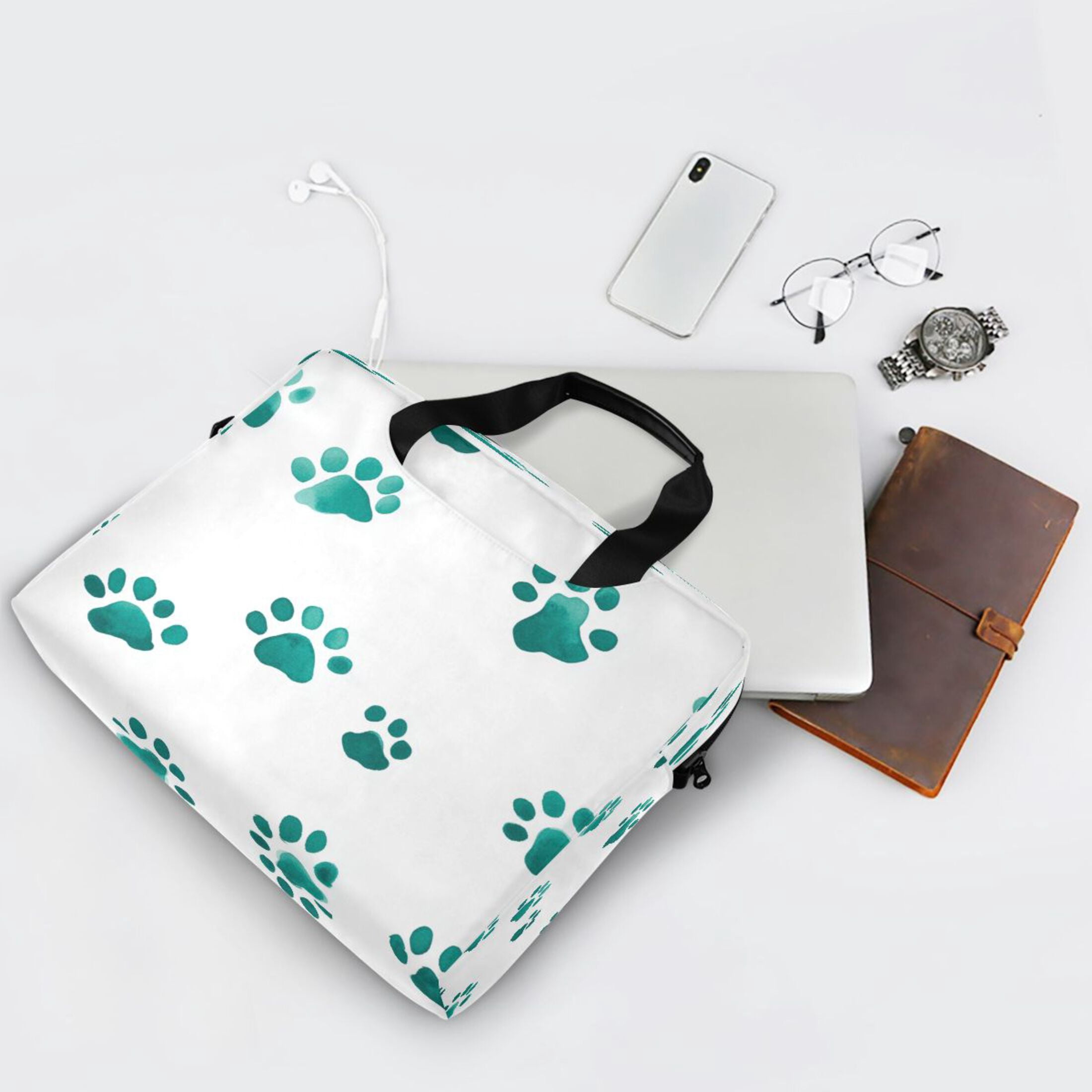 16" Laptop Tote Bag Laptop Sleeve Case Computer Briefcase for Work & Travel Teal Dog Paw Prints
