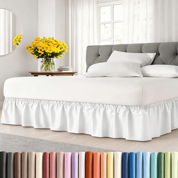 AUQ Wrap Around Dust Ruffle Bed Skirt-White-For King Size Beds with 12 Inch Drop-Easy Fit Elastic Strap-Adjustable Pleated Bedskirt W/Brushed Fabric-Wrinkle Free-For Women,Men,Kids&Teens