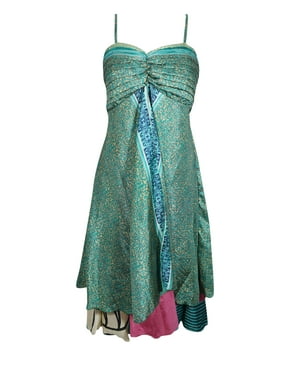 Mogul Women Green Vintage Recycled Sari Printed Sundress Layered Spaghetti Strap Beach Summer Dresses S/M