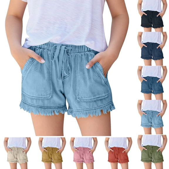 Frostluinai Girls Lightweight Jean Shorts Casual Baggy Fringe Hem Hot Pants Elastic Waist Comfy Denim Shorts Distressed Washed Jeans with Pocket 4-14Y