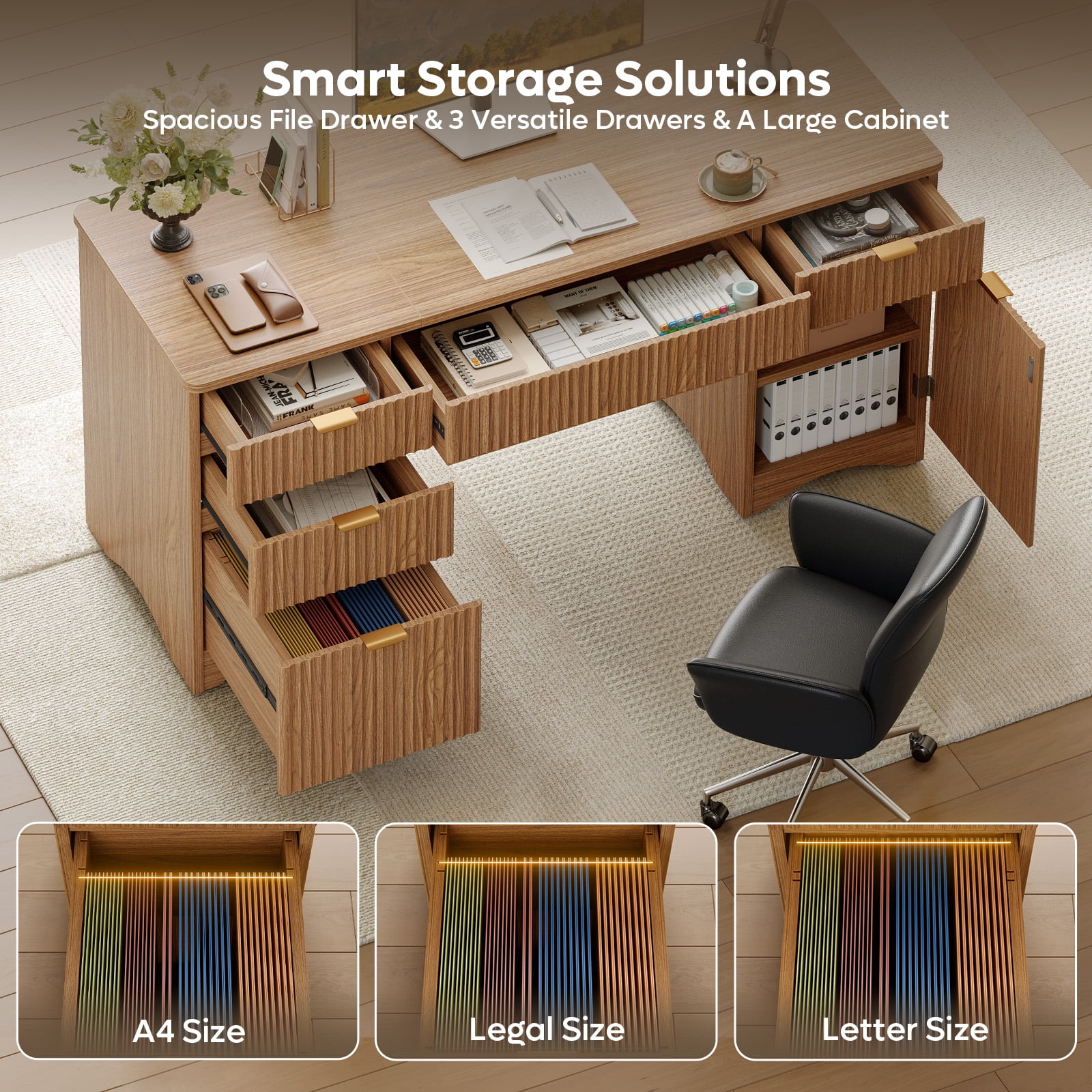 Bestier 63" Executive Desk with Keyboard Tray, Modern Home Office Desk with 4 Drawers & 1 Large Cabinet, Fluted Computer Writing Desk for Study, Living Room, Bedroom, Brown