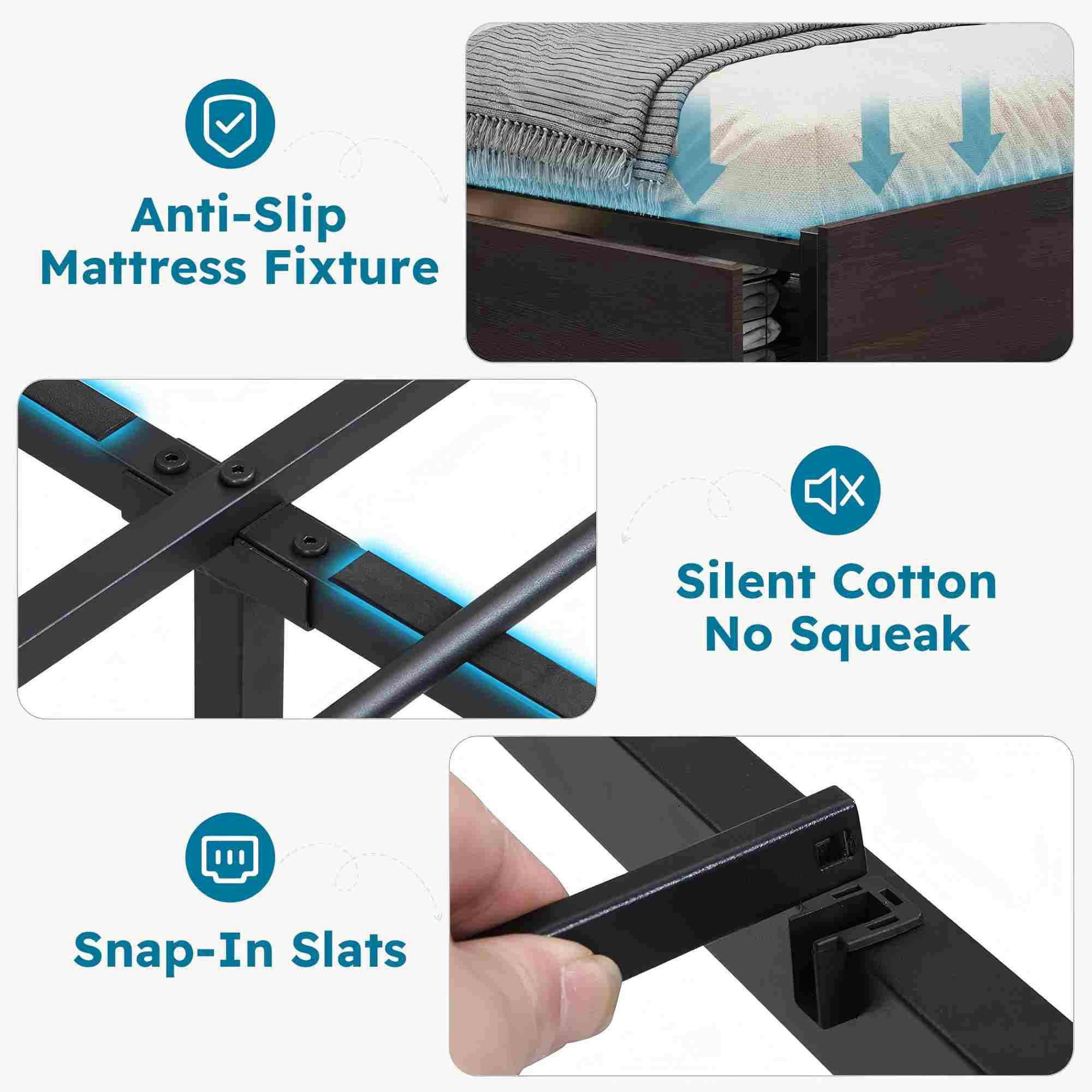 AENKYO King Size Bed Frame with LED Lights, Storage Headboard & 4 Drawers, Built-in Charging Station, Antique Black