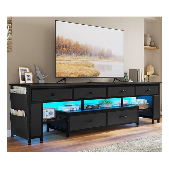 LED TV Stand for 65/70/75 Inch TV, Entertainment Center with Storage & Power Outlets, 63" TV Stand with 6 Drawers & 4 Bags & Shelves, TV Console Media Console for Living Room, Bedroom, Black