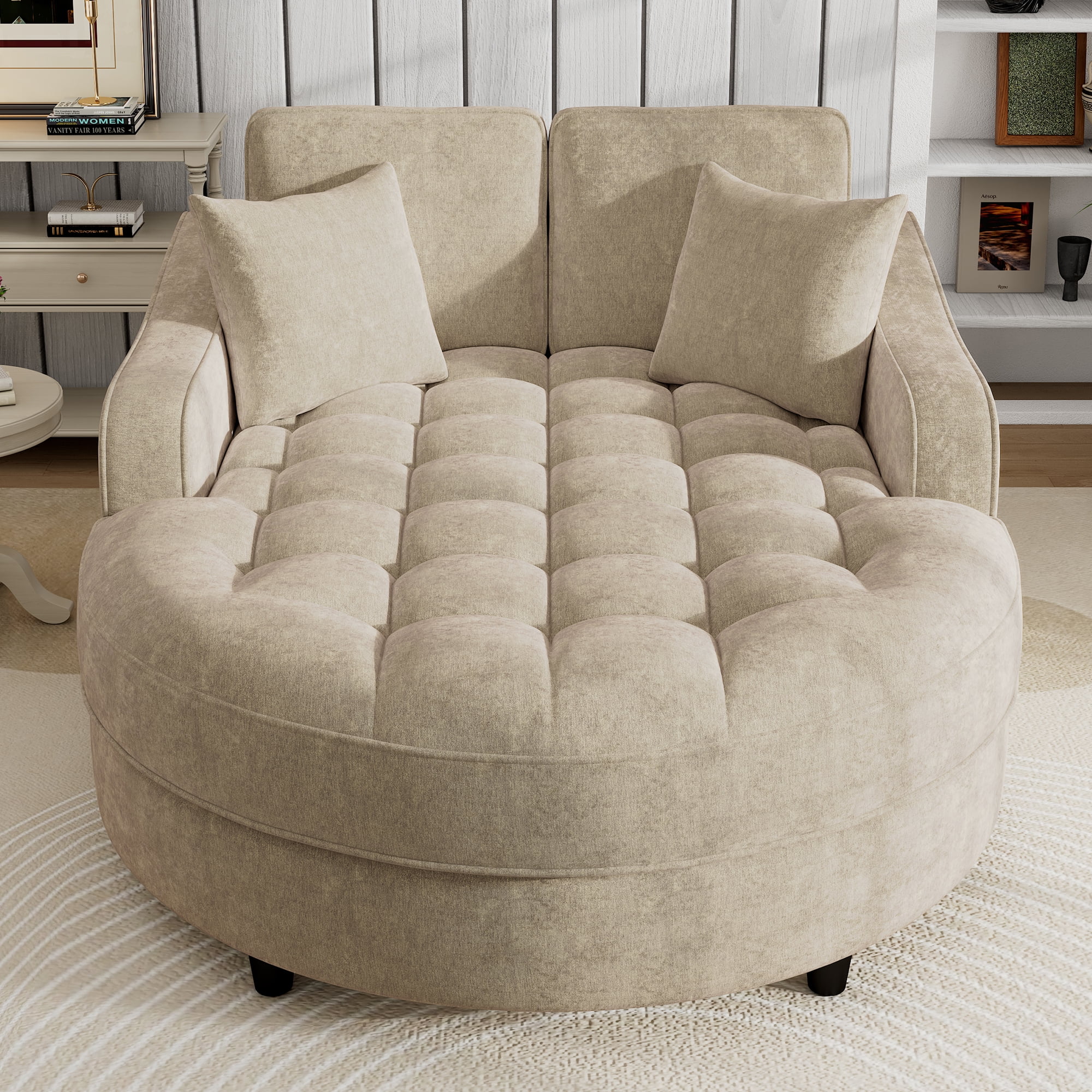 Euroco Oversized Round Chenille Chaise Lounge with Tufted Seat, Removable Pillows & High-Density Cushion – Modern Upholstered Lounge Chair for Bedroom or Living Room