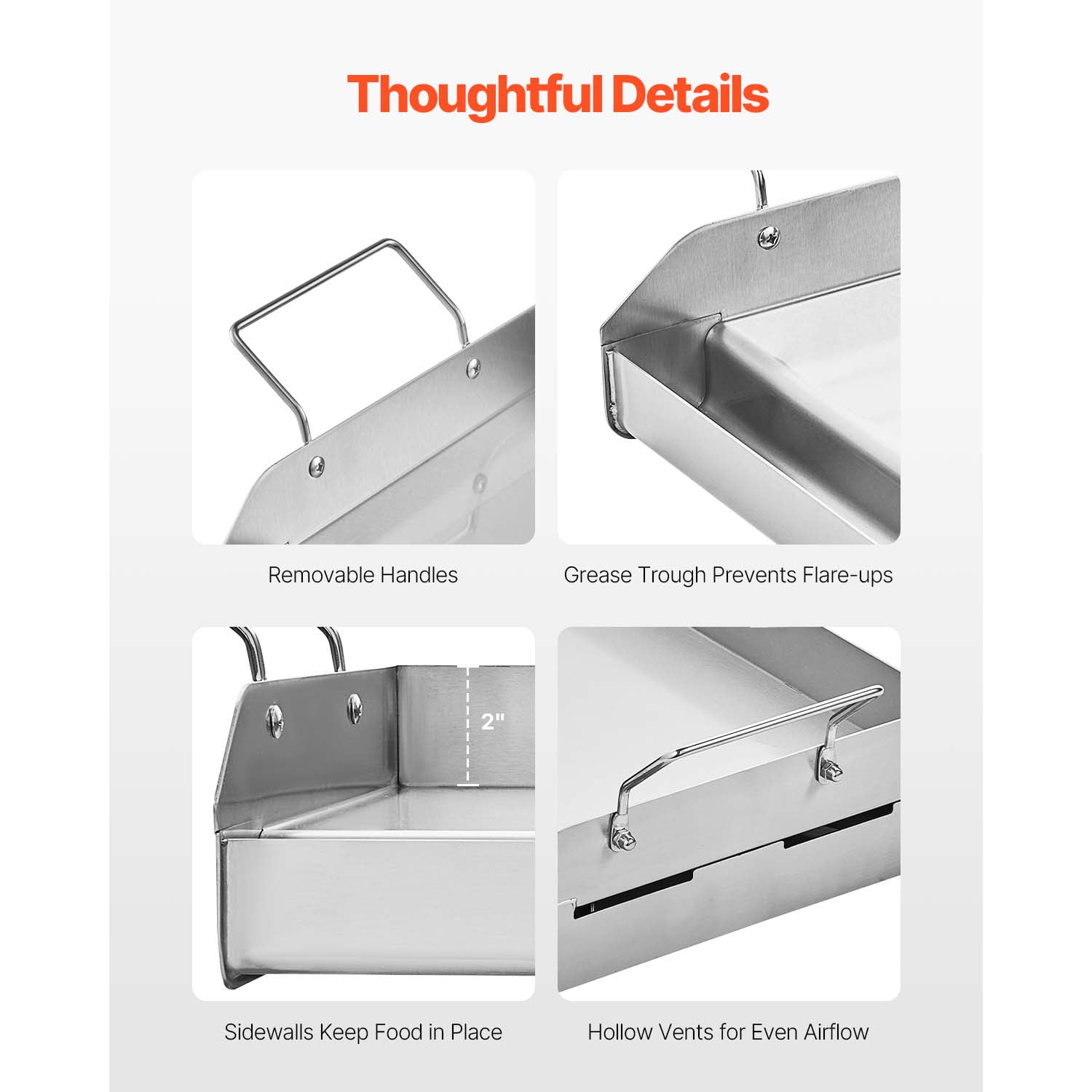 KFFKFF Griddle in Stainless Steel, Dimensions 17x13 inches, Flat Rectangular Universal Plate, Suitable for BBQ Grill, Teppanyaki, Compact Cookware with Handle, Ideal for Outdoor Activities