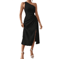 thumbnail image 2 of Vestido de Verano Midi Sin Mangas con Abertura Alta y un Hombro Descubierto para Mujer, Negro, Talla L, 2 of 7