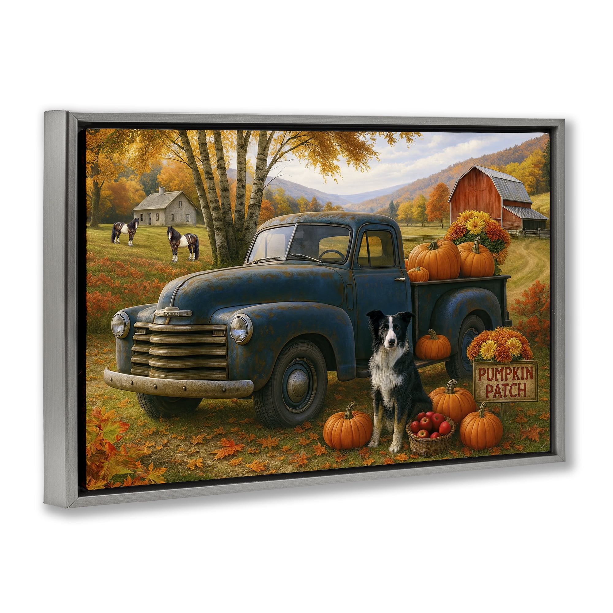 Autumnal Farmland Collie Dog Gray Framed Floater Canvas Wall Art, design by Tom Crehan