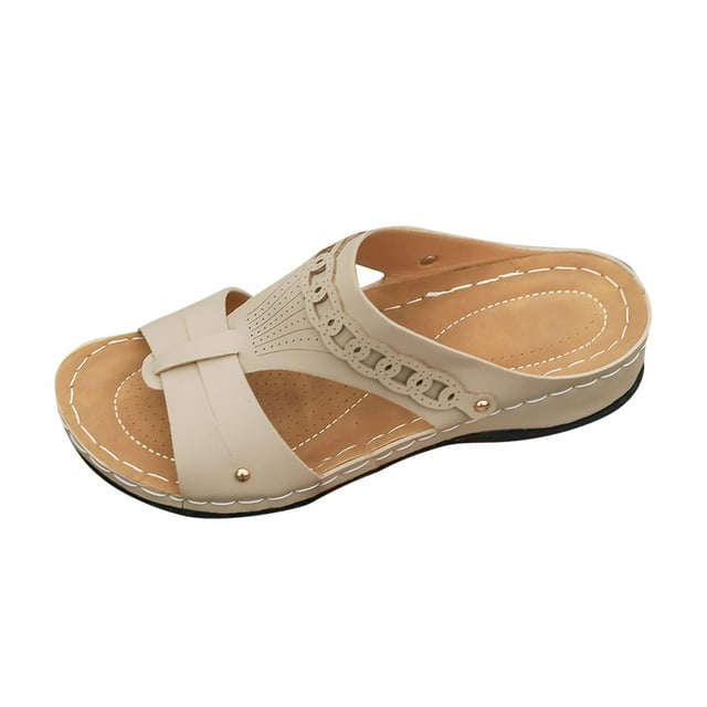 Wedge Sandals for Women Orthopedic Side Cutout Open Toe Comfortable Breathable Summer Slide Sandals Beige