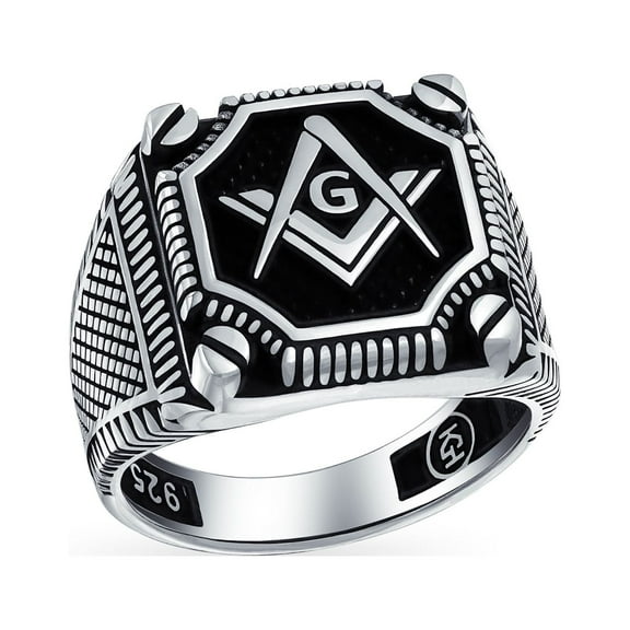 Mens 2 Tone Black Onyx Inlay Compass Freemason Masonic Signet Ring for Men Sterling Silver Gold Plated Made In Turkey