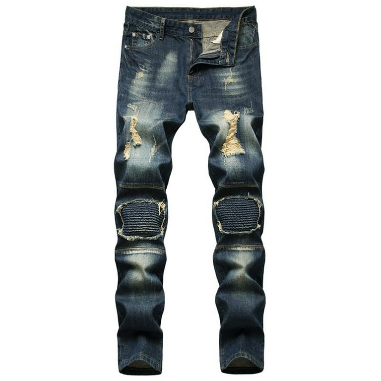 Men's Distressed Destroyed Patch Jeans Slim Fit Ripped Moto Biker Denim Jeans Vintage Hip Hop Straight Jean - Walmart.com