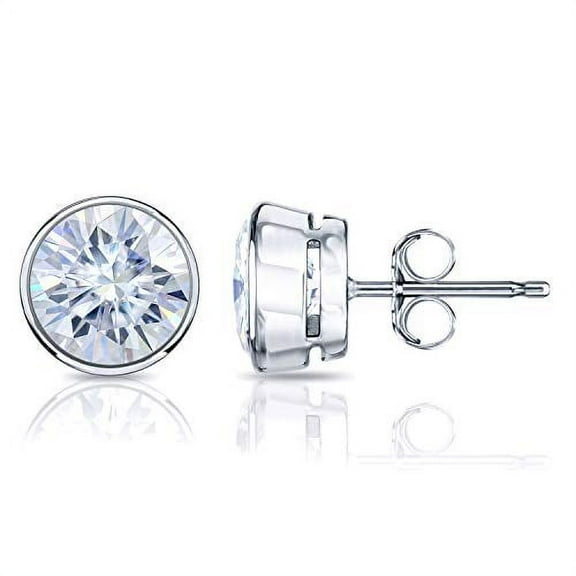 18k White Gold Round Moissanite Stud Earrings (1ct TGW, 5mm, G-H) Bezel-set, Push-Back by Diamond Wish