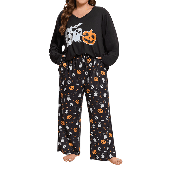 Homlouue Halloween Plus Size Pajama Sets for Women 2-Piece,Ghost Pumpkin Print V-Neck Loungewear with Pockets,3XL Black