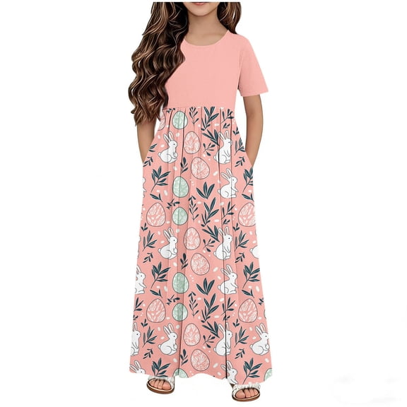 LEWKW Toddler Girls Short Sleeve Bunny Print Maxi Dress Empire Waist Flowy A-Line Cotton Tunic Dress with Pockets for Easter Spring Vacation
