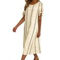 thumbnail image 5 of Ovbmpzd Womens&nbsp;Dresses&nbsp;Summer Striped Khaki Loose Fitting Smocked Crew Neck Shift Tea-Length Womens&nbsp;Dresses,M, 5 of 6