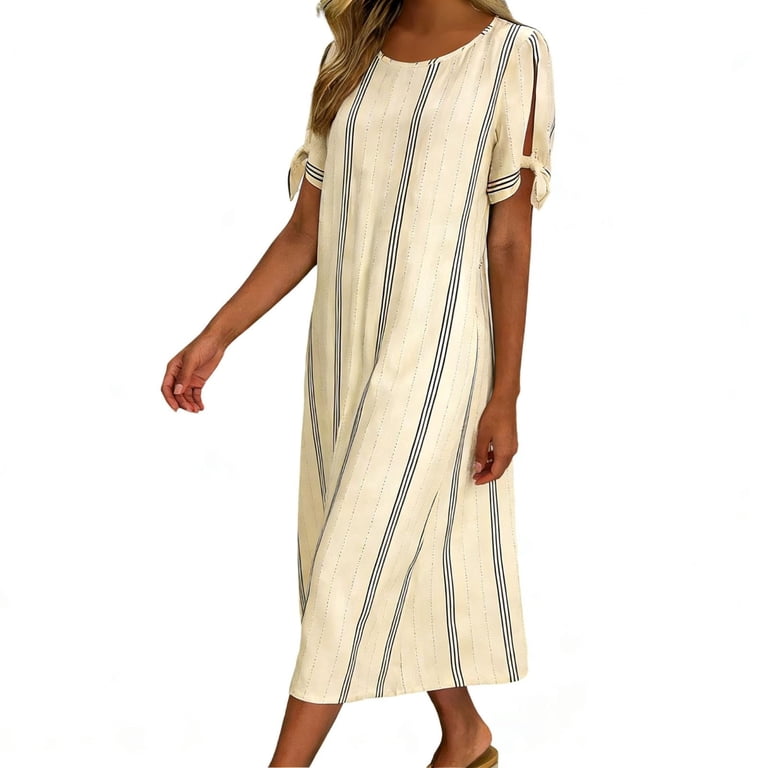 fashion print loose dress Hduncf Fashion Print Dress for Women's Striped Casual Loose Round Neck  Short Sleeve Summer Spring Maxi Dress with Pockets White XL