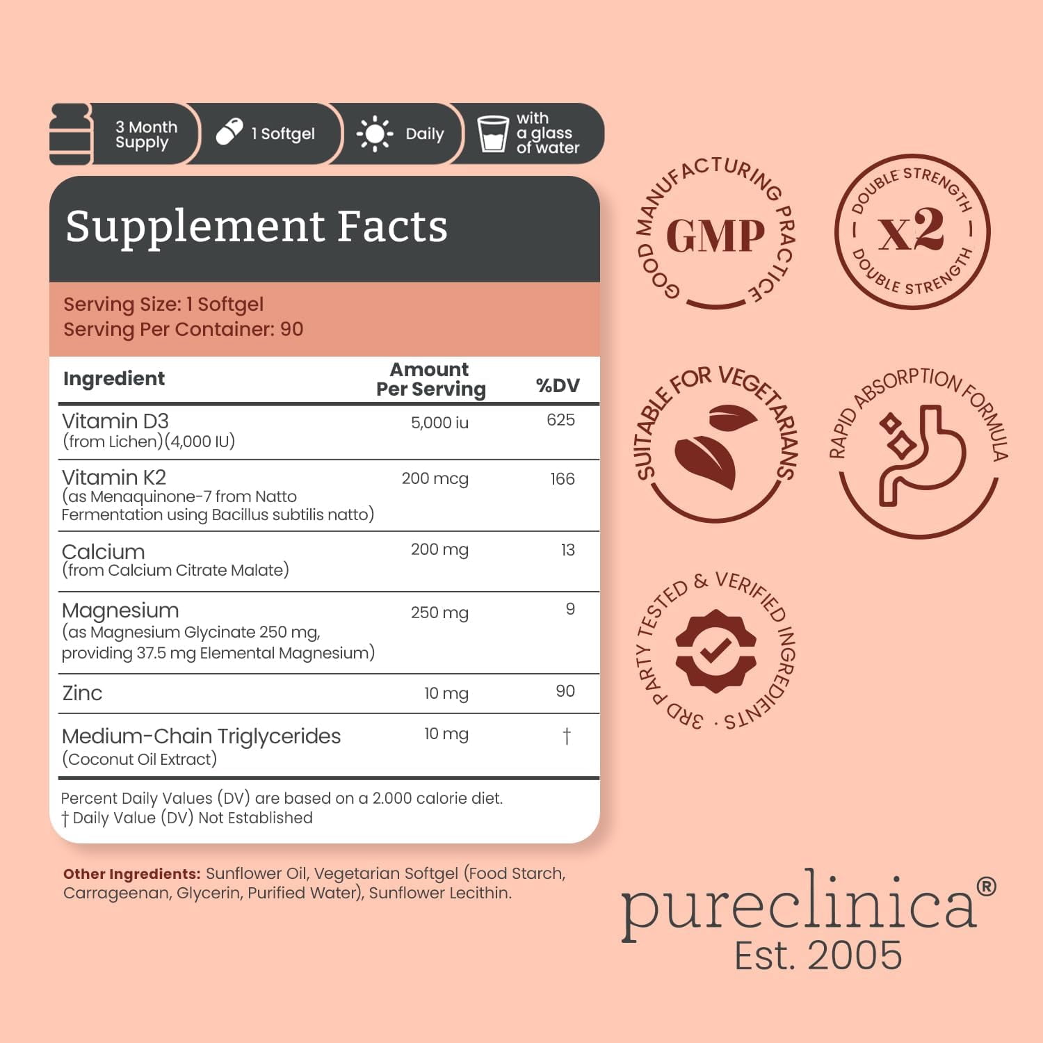 Pureclinica Double Strength D3 + K2 Complex – 5000 IU Vitamin D3 + 100mcg K2 with Magnesium, Calcium & Zinc – Vegan Softgels – 90 Count (3-Month Supply)