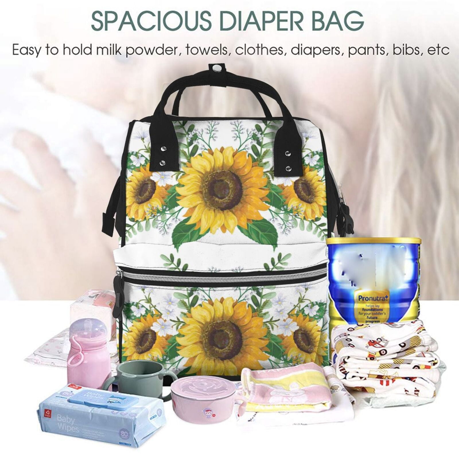Fuzoiu Sunflowers (2) Print Diaper Bag Backpack,Baby Essentials Travel Tote,Multi function Waterproof Diaper Bag, Travel Essentials Baby Bag - Unisex