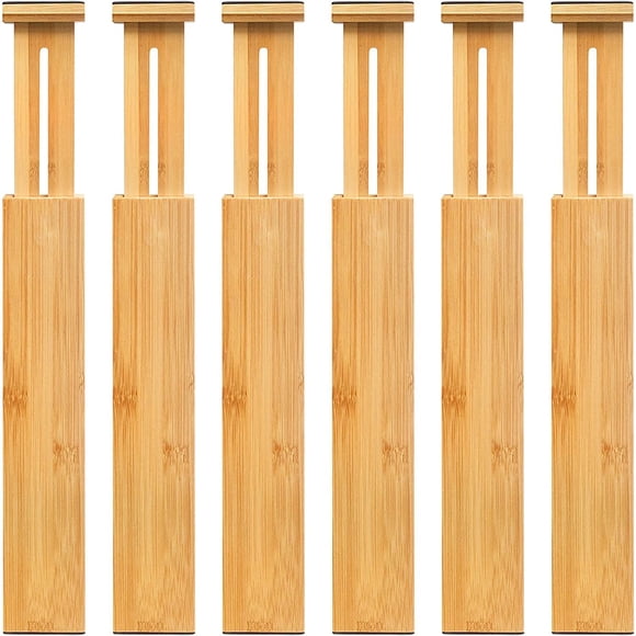 VaeFae Separadores de cajones de bambú ajustables, organizador de cajones expandible para cocina, dormitorio, baño, tocador y oficina, paquete de 6