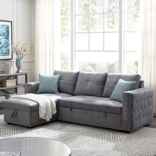 91 Reversible Sleeper Sectional Sofa Corner Bed With Storage 3 Seat Both Left Handed And Right Nailheaded Com 91 Reversible Sleeper Sectional Sofa, Corner Sectional Sleeper Sofa