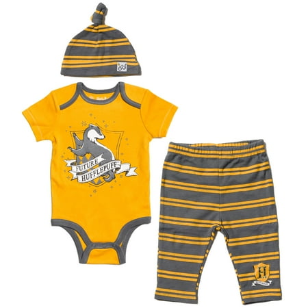 

Harry Potter Hufflepuff Infant Baby Boys Bodysuit Pants and Hat 3 Piece Outfit Set Yellow / Gray 3-6 Months