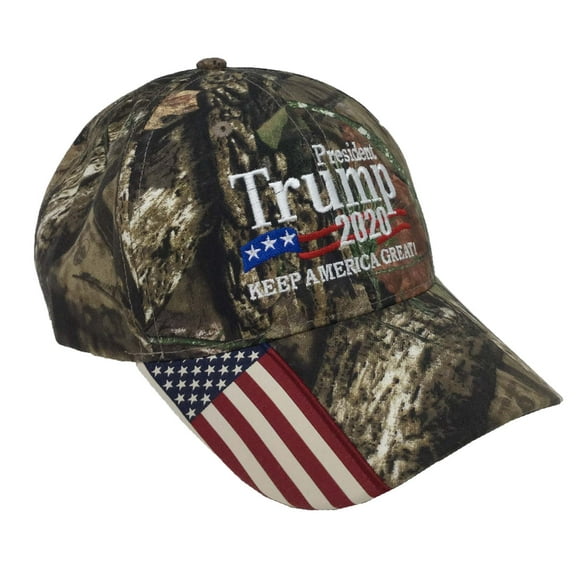 Trump 2020 Keep America Great Mossy Oak Camo Baseball cap, American Flag Bill Patch-Red