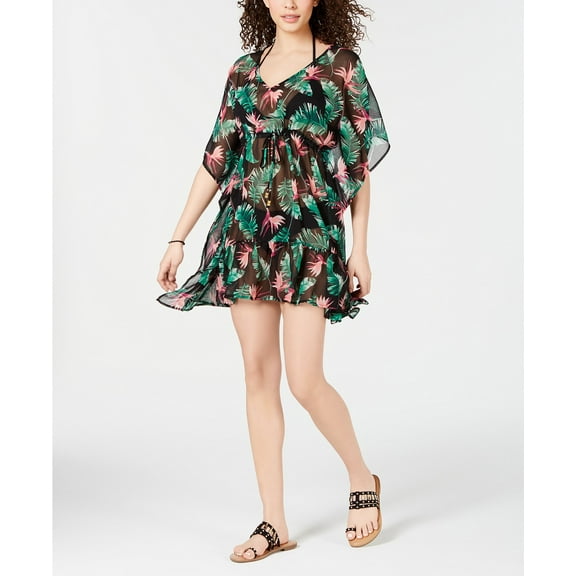 Miken Women's Ruffle Hem Caftan Dress Swim Cover-Up (S, Black Berry)