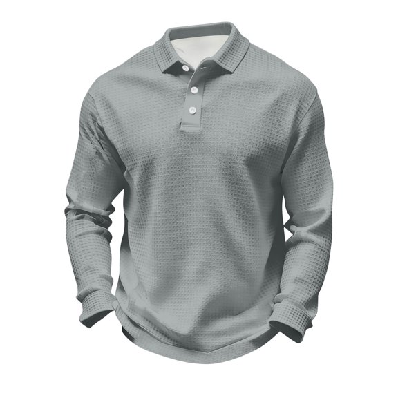 Mens Polo Shirts Waffle Knit Long Sleeve Golf Shirt Lightweight Fashion Breathable Lapel Top