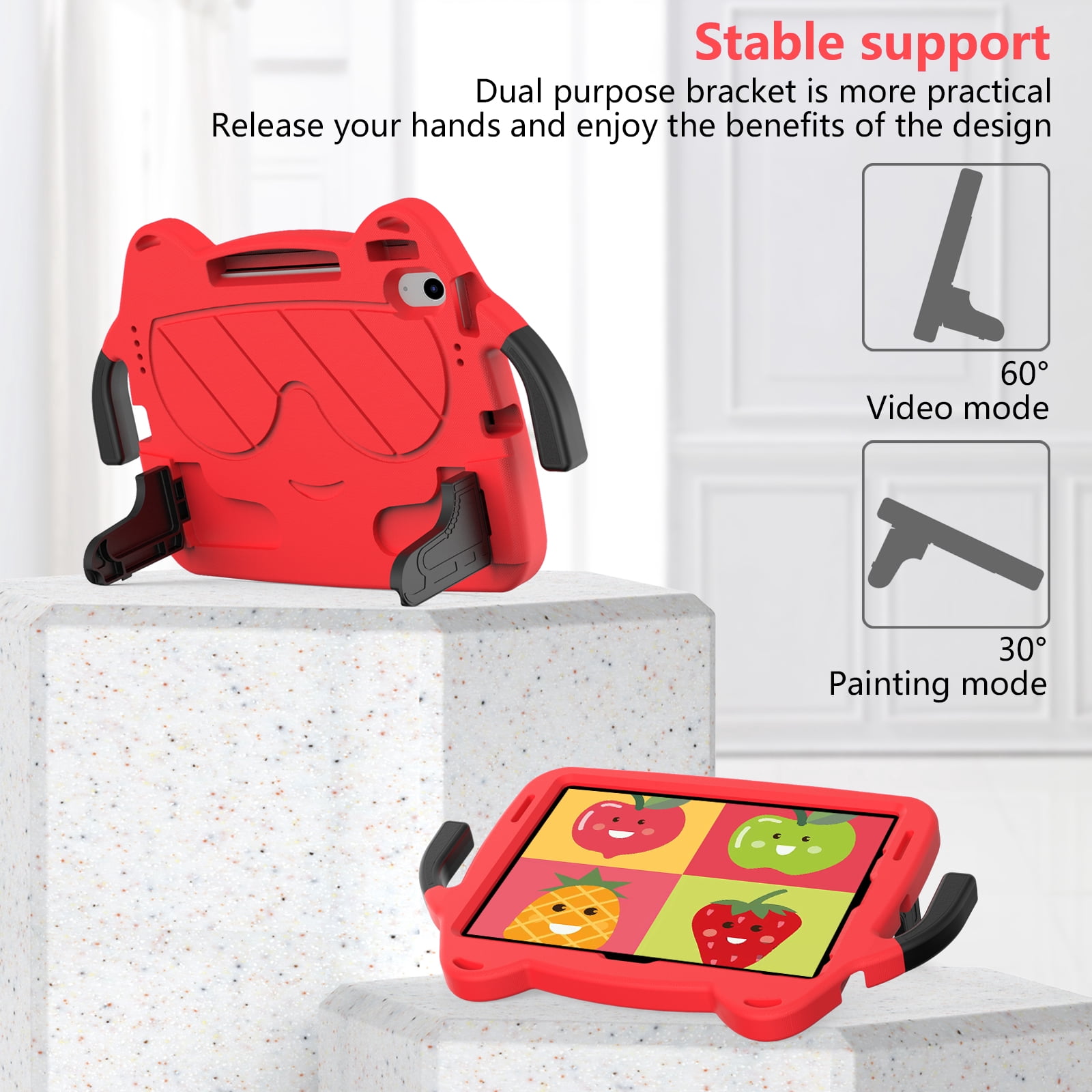 Dteck Cute Kids Case for iPad 10th Generation 10.9 Inch 2022 / iPad Air 5 / iPad Air 4 Silicone Child Proof Boys Girls Case with Built-in Pencil Holder Kickstand Handle Grip for 10.9 Inch iPad,Red