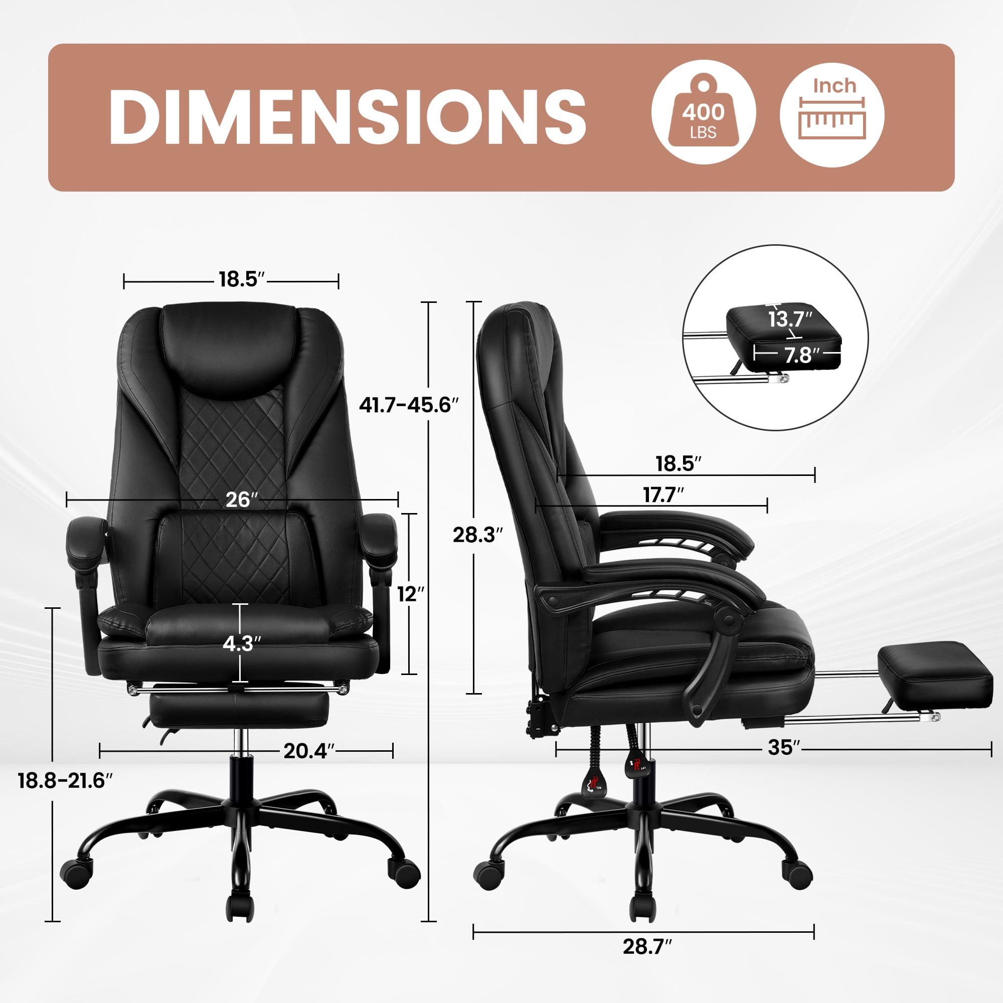 COOLHUT Executive Office Chair, Big and Tall Office Chair with Footrest Reclining Faux Leather Chair High Back Lumbar Support Ergonomic Office Chair with Padded Armrests, Black