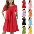 thumbnail image 1 of Milgrthf Robes à Volants pour Filles avec Poches Été Manches Courtes Robe Midi Taille 6-12 Ans Violet, 1 of 8