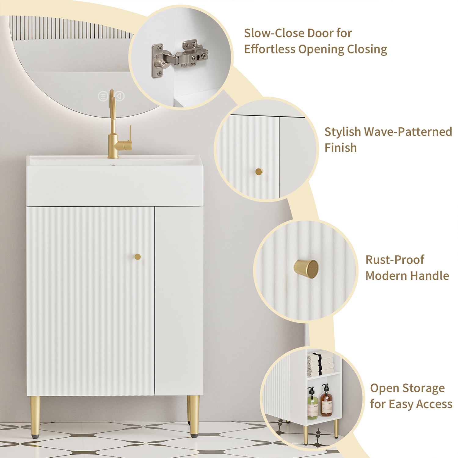 Demi Bonn 21" Bathroom Vanity with Ceramic Sink and Soft-Closing Door, Cloakroom Open Shelf Storage Cabinet on the Right Side, Faucets and Drains Not Included, White
