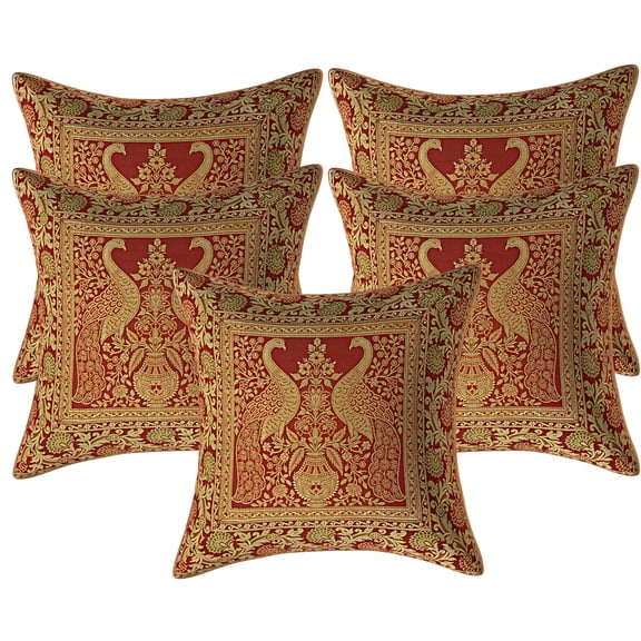 Stylo Culture Ethnic Bohemian Brocade Burgundy Maroon And Gold Throw Pillow Covers 16x16 Jacquard Weave Sofa Floral Throw Pillow Covers Peacock Floral 40x40 cm Decorative Cushion Covers (Set Of 5)