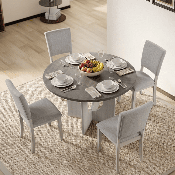 Aukfa Farmhouse Wood Light Gray Upholstered Round Dining Set, 5-Piece