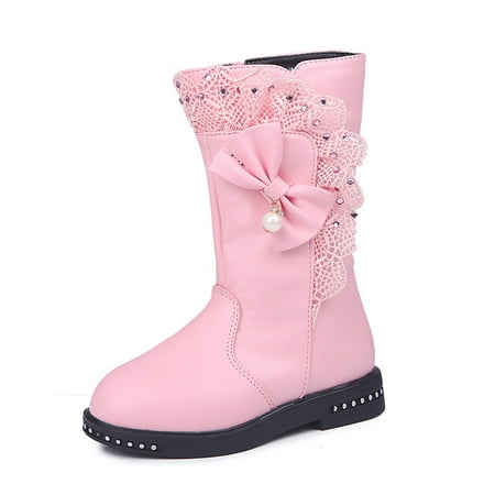 

Girls Waterproof Lace Bowknot Side Zipper Fleece Thermal Boots Winter New