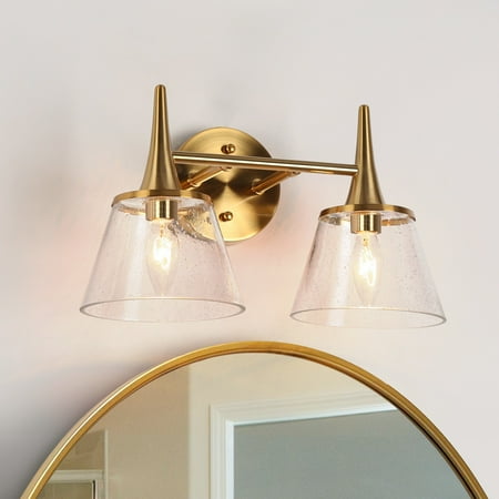

LaLuz Mola Mid-century Modern Gold 2-Light Bathroom Vanity Lights Seeded Glass Wall Sconces - L 14.2 * W 7.9 * H 9