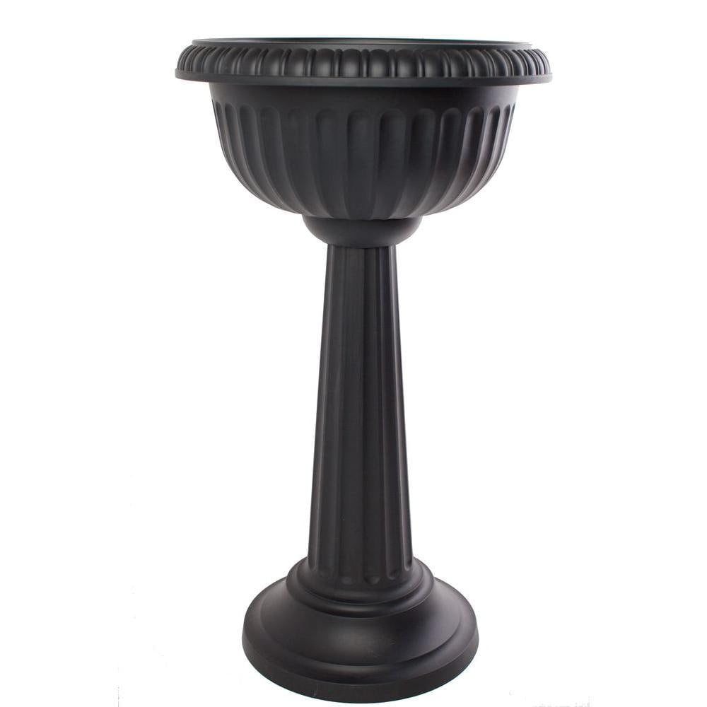 Black Plastic Urn Tall Pedestal Planter Indoor Outdoor Entryways Grecian 32 in 